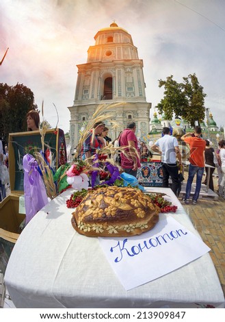 Kyiv; Ukraine-August 24; 2014:After military parade on Khreschatyk in honor of Independence Day people in national embroidered shirts gathered at St. Sophia\'s Square on the feast of wedding ceremonies