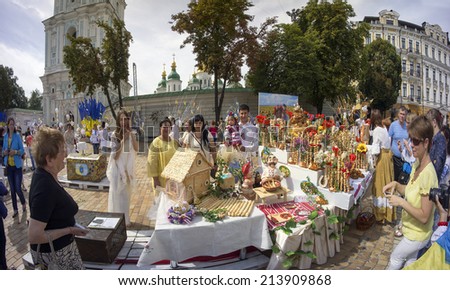 Kyiv; Ukraine-August 24; 2014:After military parade on Khreschatyk in honor of Independence Day people in national embroidered shirts gathered at St. Sophia\'s Square on the feast of wedding ceremonies