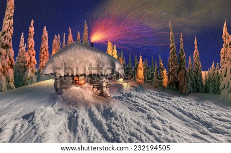 In the high mountains, among the wild forest huts located asylum shelters hunters and loggers over the moon that shines and illuminates the Milky Way galaxy, star and candle lit window