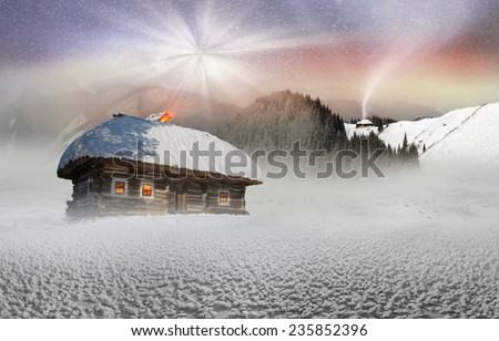 Magic mountain country, the home of Father Frost, Santa Claus, Joulupukki, and other legendary heroes of the winter holidays. A cozy little house in the wild mountains  forests store a lot of magical