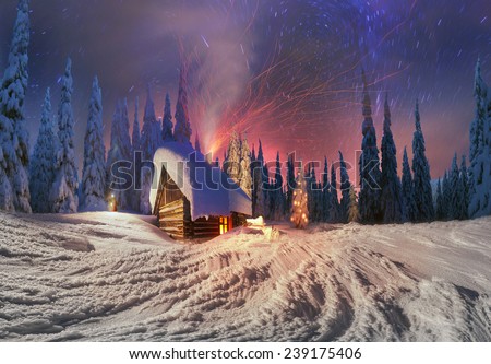 In the high mountains, among the wild forest huts located asylum shelters hunters and loggers over the moon that shines and illuminates the Milky Way galaxy, star and candle lit window