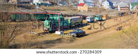 Kolochava, Ukraine - 23 March 2015: Network of narrow-gauge railway was built in the Carpathian region In Kolochava on the tracks should train consisting of a locomotive ten passenger  freight cars.