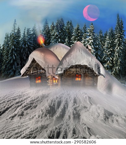 Magic mountain country, the home of Father Frost, Santa Claus, Joulupukki, legendary heroes  winter holidays. A cozy little house in the wild mountains and forests store a lot of magical fairy secrets
