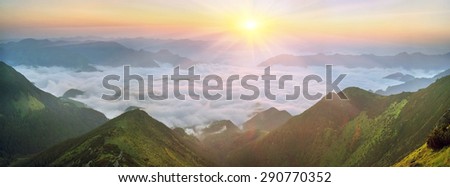 In the mountain of Pop Ivan and Smotrych among fog and oblakov- sunrise illuminating the pink rays of the slopes of the Carpathian mountains, covered with forests and rhododendrons, stones and rocks