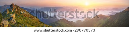 In the mountain of Pop Ivan and Smotrych among fog and oblakov- sunrise illuminating the pink rays of the slopes of the Carpathian mountains, covered with forests and rhododendrons, stones and rocks