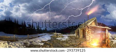 High spring storm in Ukraine - on Black Mountain, Goverla, Petros when the snow melts and becomes warmer - in April. Shepherds House, where they come in the summer to graze cattle and sheep.