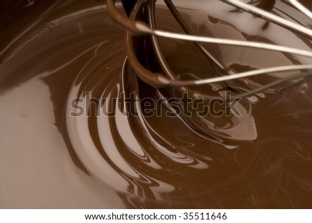 Close-up shot of melting chocolate with a silver whisk