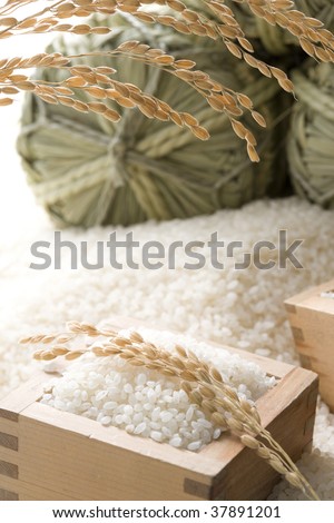 Three straw rice bags are place on a lot of fresh rice.