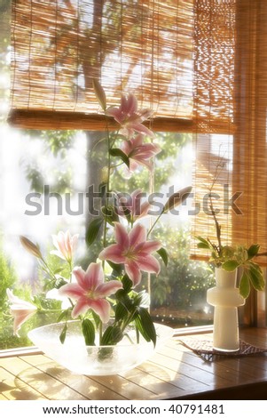 The lily displayed by the window and bamboo screen.