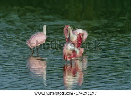 Roseate spoonbills in Florida pond,oil painting