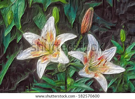 Thick oil painting of two day lilies