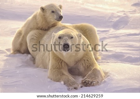 Polar bear with her cub on Arctic tundra