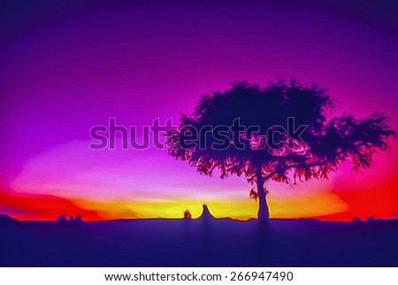 Africa sunset with acacia tree, digital oil painting
