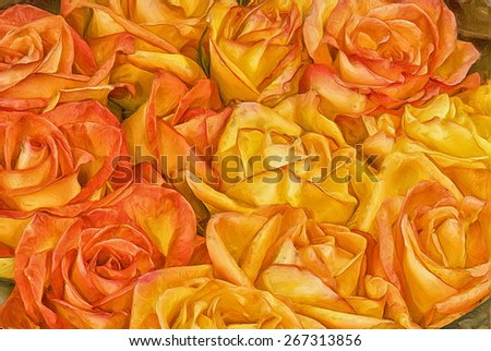Hybrid tea roses, orange and yellow. Digital oil painting