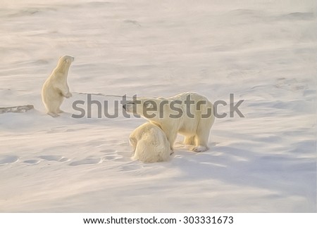 Polar bear with her cubs in Canadian Arctic winter,photo art