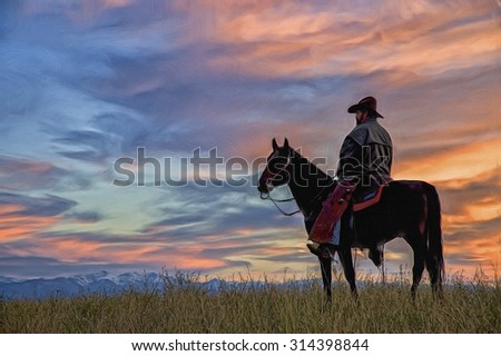 Montana cowboy at dawn,digital oil painting