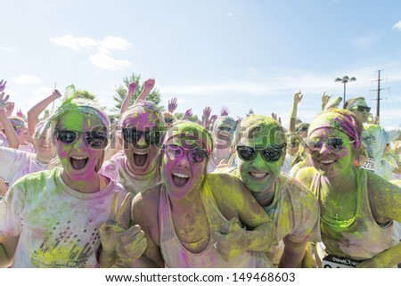 SAINT CLOUD, MINNESOTA- AUGUST 10:   Color run at Saint Cloud on August 10, 2013. Color Run is an event series and 5k paint race that takes place in United States, South America, Europe and Australia.
