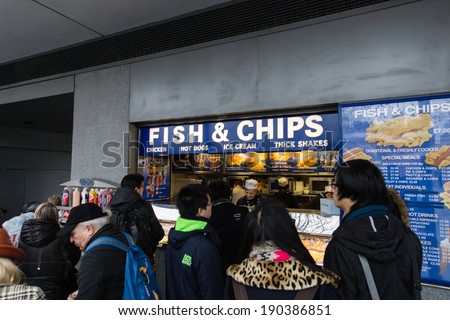 LONDON, UK - JANUARY 05: A food stall, fish and chips, famous tourist attractions in Lomdon, on January 05, 2013 in London, UK. Fish and chips is one of the symbols of London Tourist.