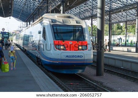 HELSINKI - JULY 19: Allegro train (Saint Petersburg, Russia - Helsinki, Finland) on July 19, 2014. Allegro first high-speed train from Russia to Europe.
