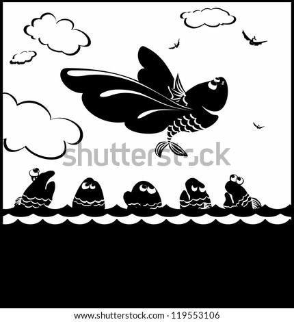 It is black a white illustration of free flight of happy fish