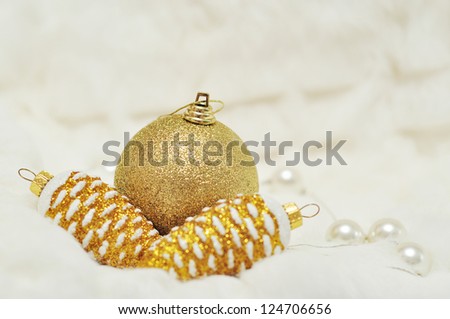Christmas decorations in gold and white blurred