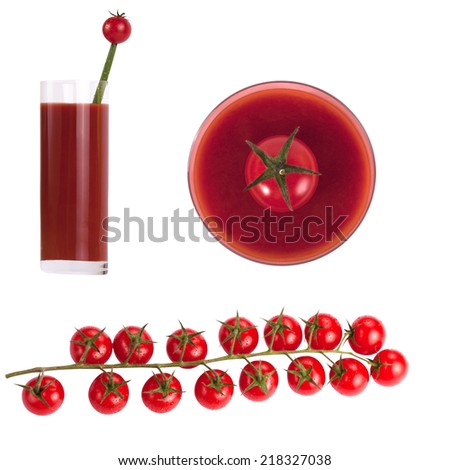 Cherry tomatoes on branch with water drops isolated on white background
