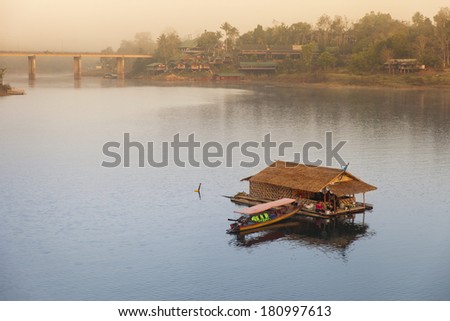 Wooden raft and boat at Sangkhla buri, Thailand.