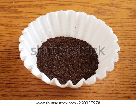Coffee and filter on wood grain surface