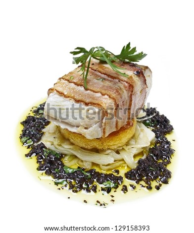 Pike perch wrapped with bacon. Latvian dish popular for special occasions and holidays, served in modern way.