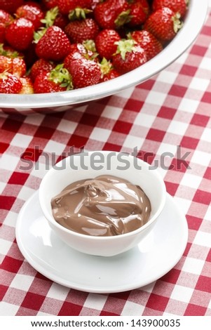 Creamy chocolate pudding on checkered red and white table cloth. Silver bowl of strawberries in the background.