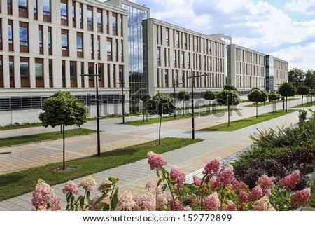 The Jagiellonian University. University of Krakow, Krakow Academy, main school of Krakow. Modern campus buildings.