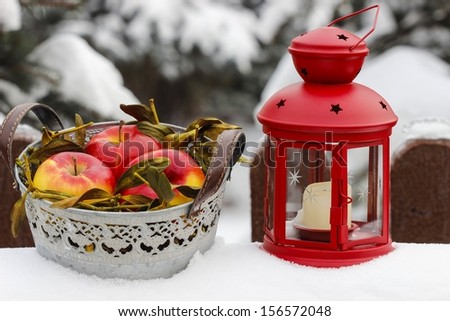 Silver bucket of apples and red lantern on snow, winter garden decor
