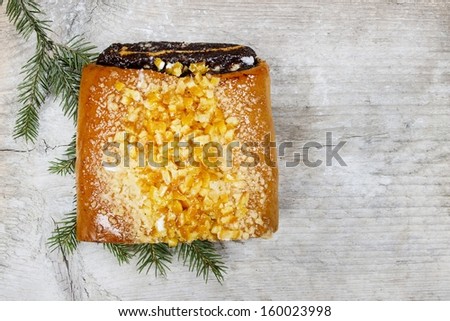 Poppy seed cake on wooden table. Top view, copy space.