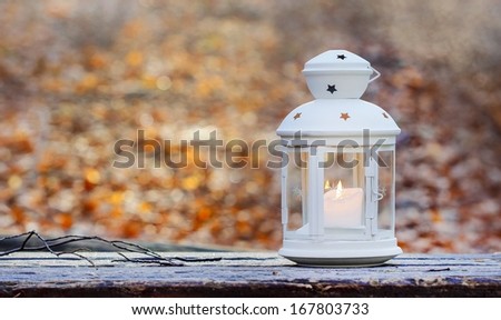 Beautiful lantern on wooden table in autumn forest