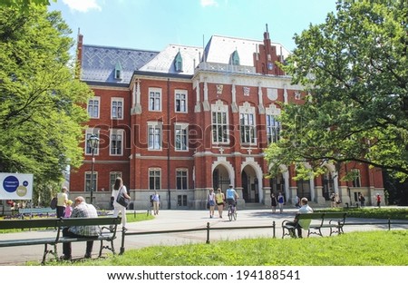 KRAKOW,POLAND - MAY 21,2014: The Jagiellonian University. The oldest university in Poland, the second oldest university in Central Europe. Main building - Collegium Novum.