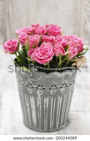 Bouquet of roses in grey decorative bucket