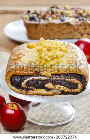 Poppy seed roll. Traditional christmas cake, tasty and gourmet. Simple recipe from popular cookbook.