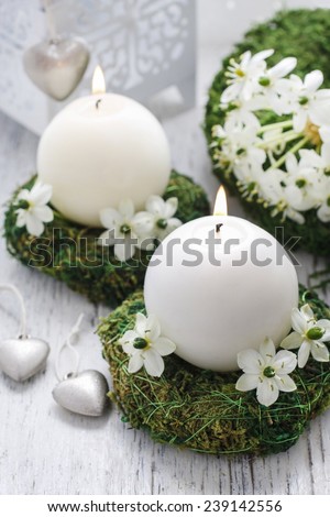 Fresh spring decorations for the First Communion, or First Holy Communion, a Catholic Church ceremony. Symbol of innocence.