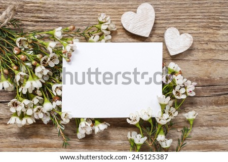 Blank card among chamelaucium flowers (waxflower) on wooden background