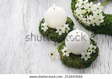 Fresh spring decorations for the First Communion, or First Holy Communion, a Catholic Church ceremony. Symbol of innocence. Copy space