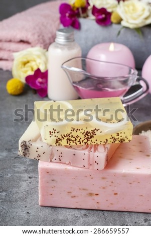 Spa set: bars of handmade soap, essential oils, sea salt and scented candles