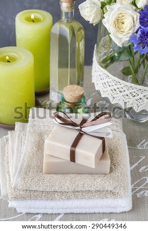 Bars of handmade soap, essential oil and scented candles