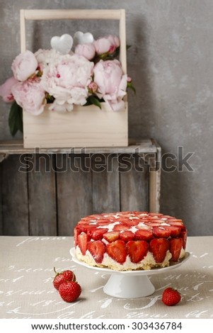 Strawberry cake on cake stand
