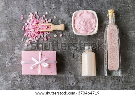 Spa set: liquid soap, bar of handmade soap, sea salt and essential oil.