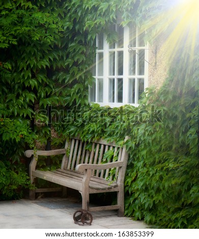 garden bench with sun rays