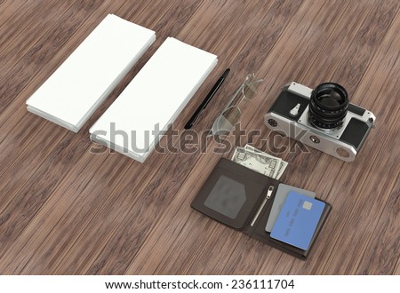 Objects of explorer on wood background. Mockup business template. High resolution.