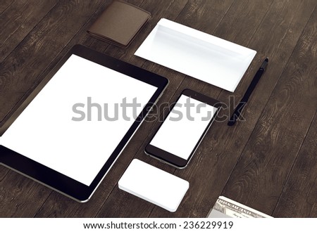 Objects on wood background. Mockup business template. High resolution.