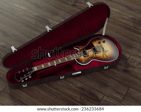 Guitar on wooden background. High resolution.