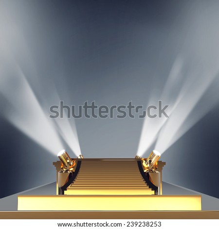 Illuminated empty golden stage podium for award ceremony. High resolution.