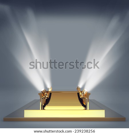Illuminated empty golden stage podium for award ceremony. High resolution.